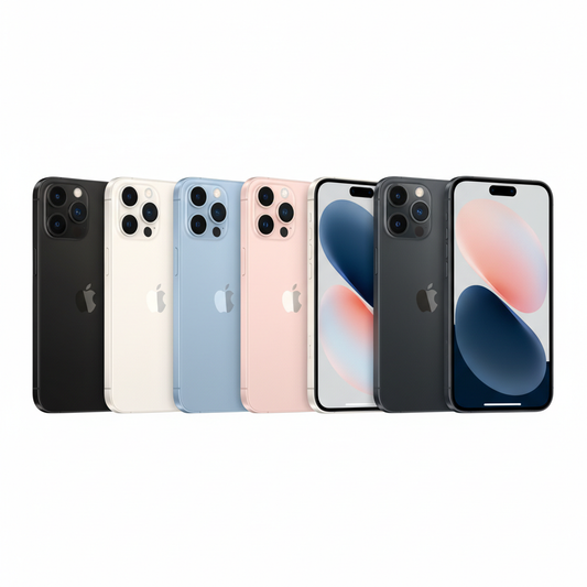Apple iPhone 15, 15 Plus, 15 Pro, and 15 Pro Max in multiple colors on white background