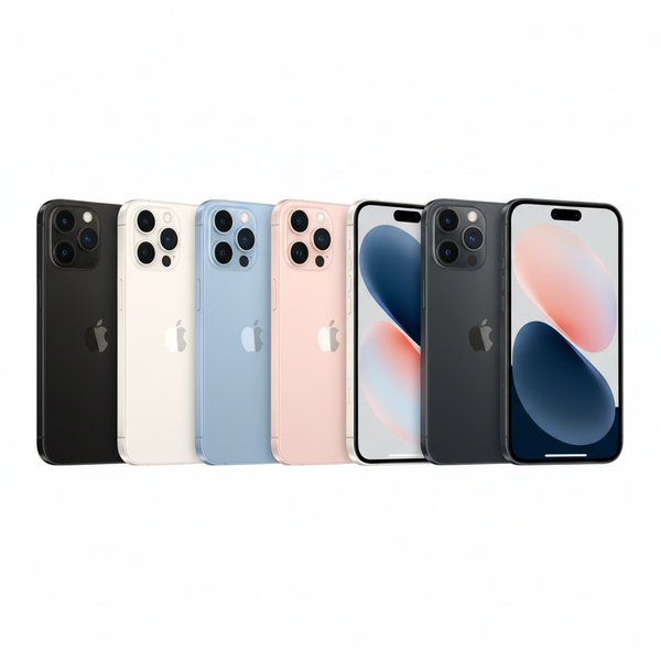 Apple iPhone 15, 15 Plus, 15 Pro, and 15 Pro Max in multiple colors on white background